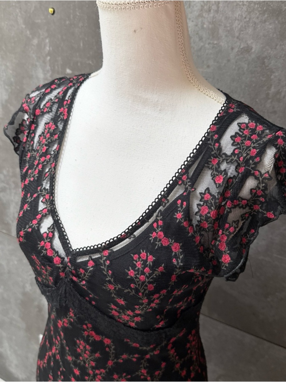 Y2K Heart Moon Star black read flowers Lace Dress Whimsigoth size M - Picture 4 of 16